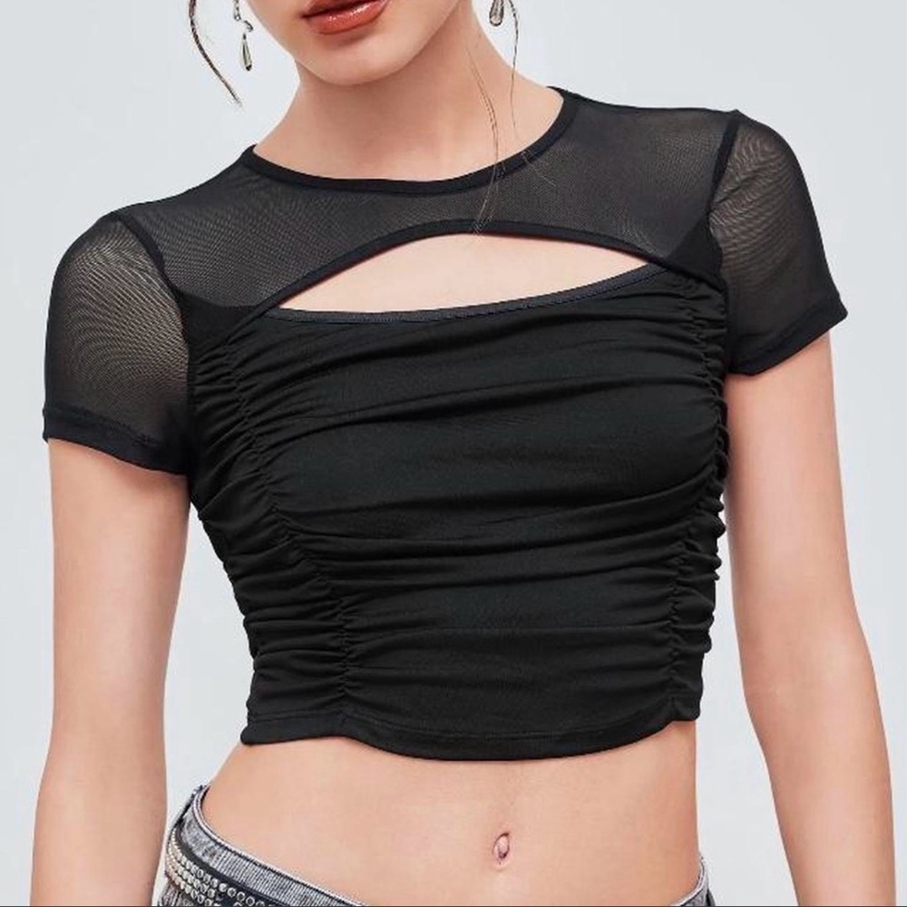 Cider Black Mesh‎ Ruched Cutout Crop Top